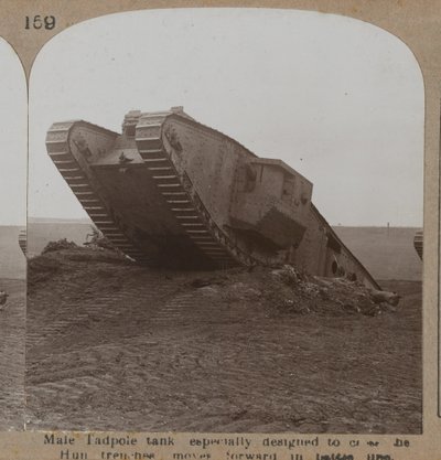 Male Tadpole tank especially designed to cross the Hun trenches moves forward in battle line, 1914-18 by English Photographer
